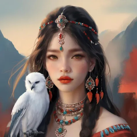 a painting in the style of guidao style,an illustration of a girl with red and jewelry, in the style of colorful fantasy realism, gongbi, 32k uhd, detailed feather rendering, detailed character expressions, aurorapunk, indian scenes