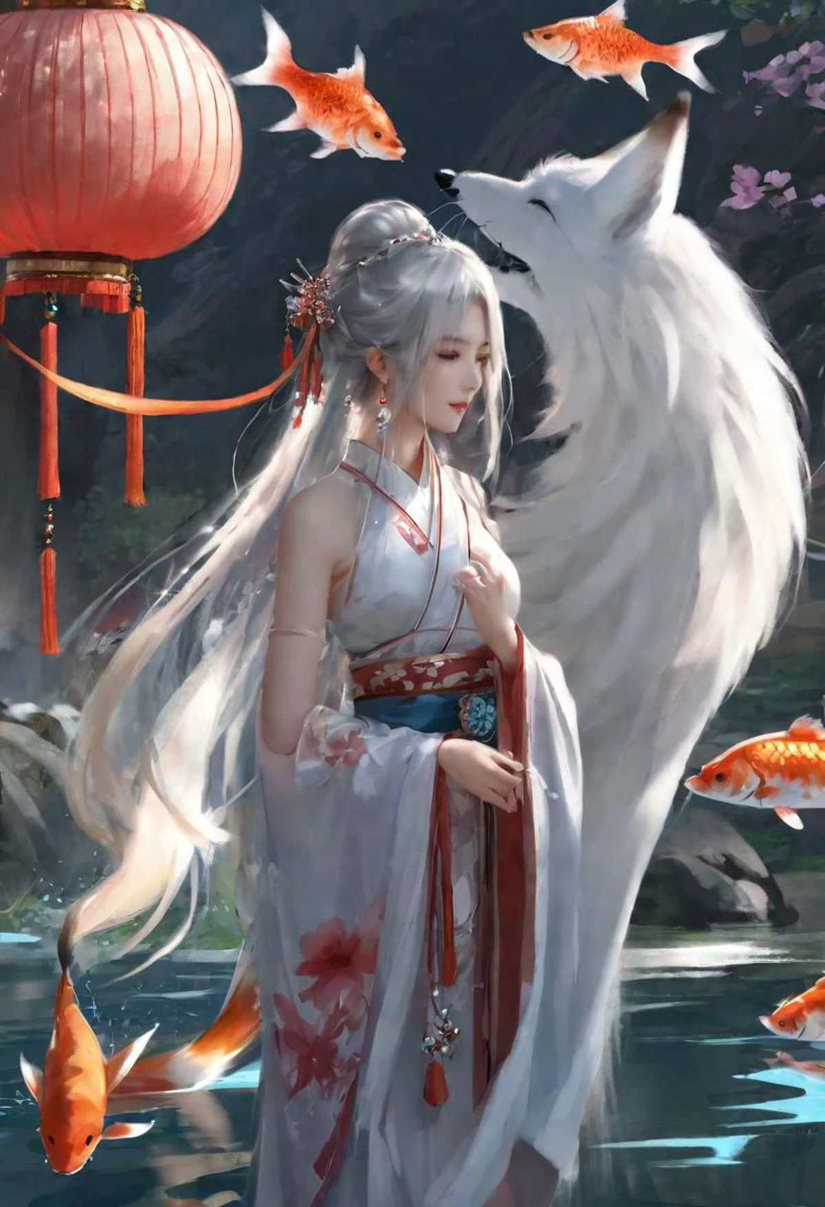((4k,masterpiece,best quality)), shuimobysim, traditional chinese ink painting, lotus, hanfu, maxiskit, dress conservatively
1 girl, solo, white hair, long hair, fox ears, white, bikini, fish, many fish near girl, look at viewer, tease