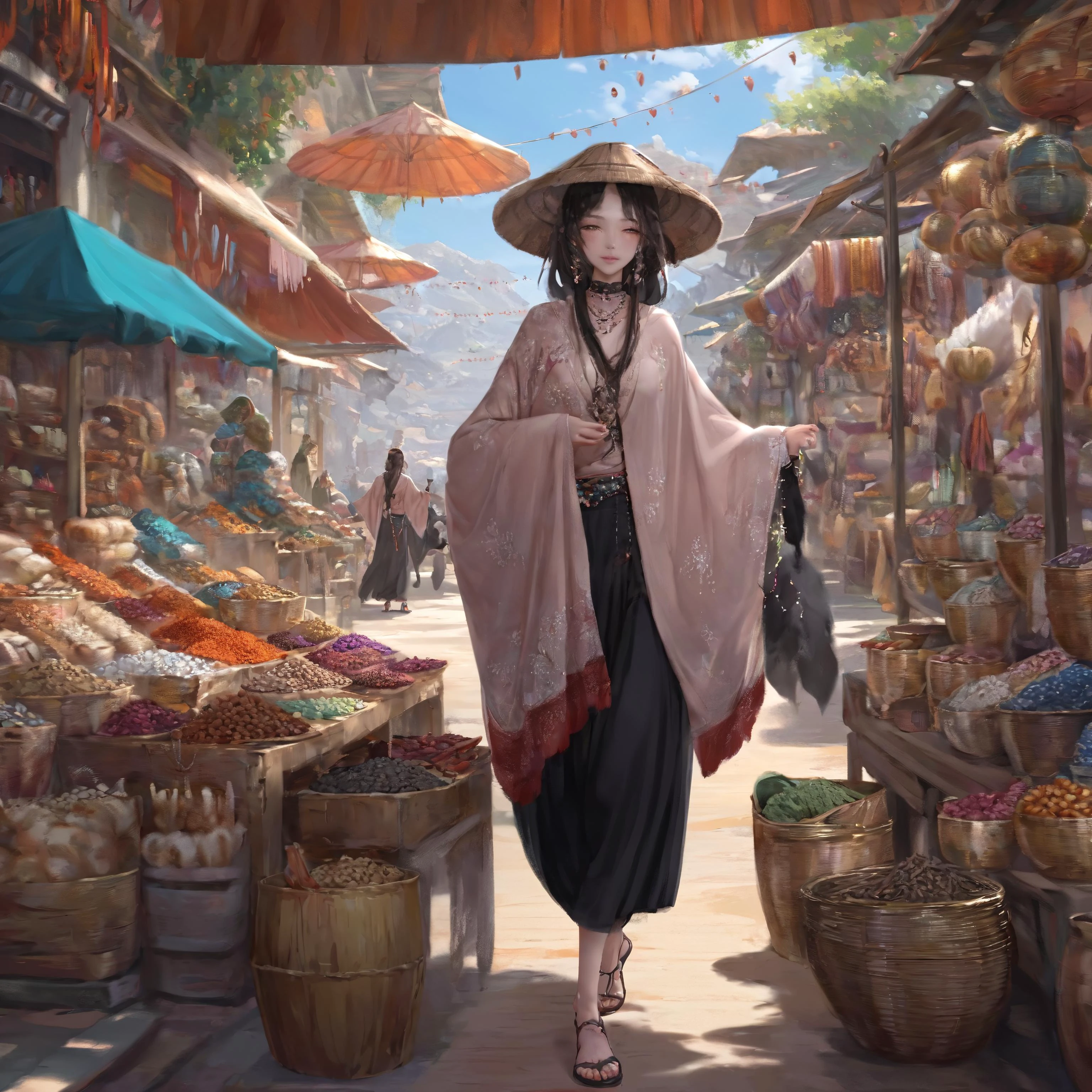 a painting in the style of guidao style Thriving merchants, ((exotic goods:1.5)), bustling (stalls:1.4), (handmade crafts), colorful (textiles:1.3), (spices and herbs), bartering customers, (local delicacies), sun-soaked marketplace.,
masterpiece, best quality, detailed, realistic, 8k UHD, high quality, lifelike, precise, vibrant, absurdres, SimplepositiveXLv1