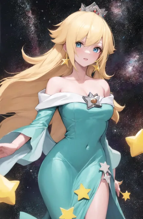 masterpiece, best quality, mature female, hourglass body , rosalina, 1girl, solo, naked, crown, blonde hair, stunning blue eyes, light freckles, perfect face, floating in space, starry sky, nebulas, shooting stars, planets, slight smile, blush, Lovecraftian atmosphere,naked, detailed pussy, nude, nsfw