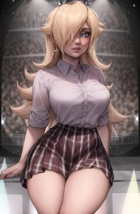 SashaKhmel, masterpiece, ((waist up)), 1girl , masterpiece, detailed face+blue eyes, white collared shirt with a plaid pleated skirt, crown, hair over one eye, mature female,large breasts, on stage, stage lights, spotlight, looking at viewer, <lora:SashaKHMEL Style:1>, <lora:ros1:1>