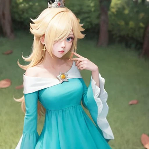 <lora:rosalinaCharacterLora_v10:1>,qua dress, looking at viewer, outdoors, simple background, crown,
