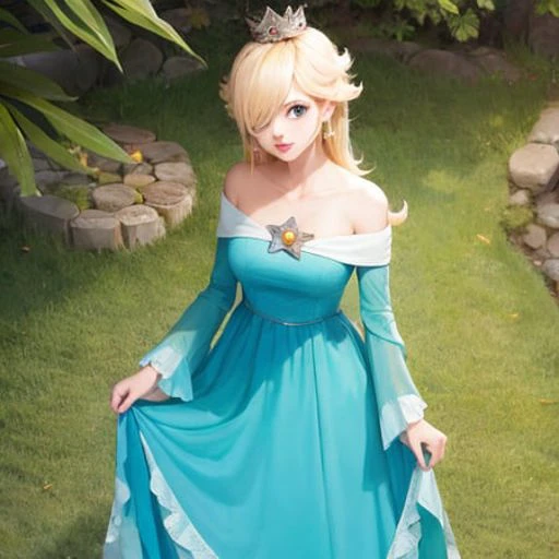 <lora:rosalinaCharacterLora_v10:1>,qua dress, looking at viewer, outdoors, simple background, crown,