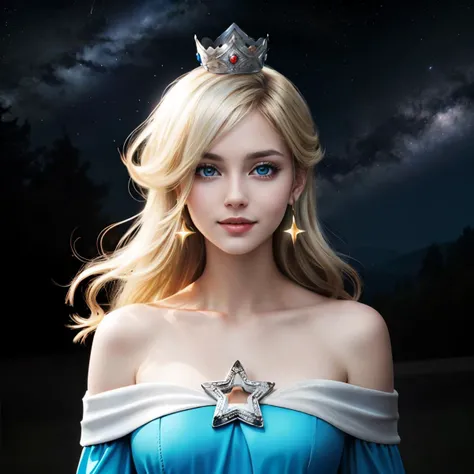 hdr, rosalina, blue eyes, platinum hair, wearing a blue dress, visible shoulders, silver crown, looking at viewer, smiling, portrait shot
outside, stars and space, night, beautiful detail, simple background, natural lighting, <lora:ros1:.8>