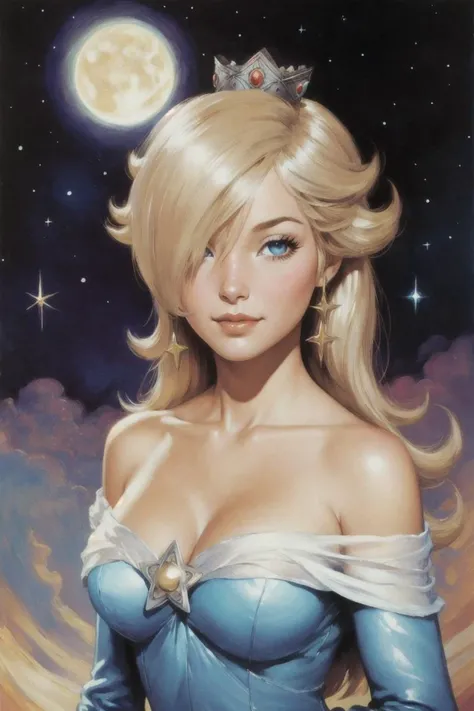 1girl, rosalina, star (symbol), blue dress, blush, looking at viewer, night sky and stars in background, (oil painting:1.2), illustration, by (Clyde caldwell, frank frazetta, Larry Elmore:1.2), (beautiful eyes, detailed pupils:1.2), dnd, best quality, masterpiece, <lora:ros1:1>