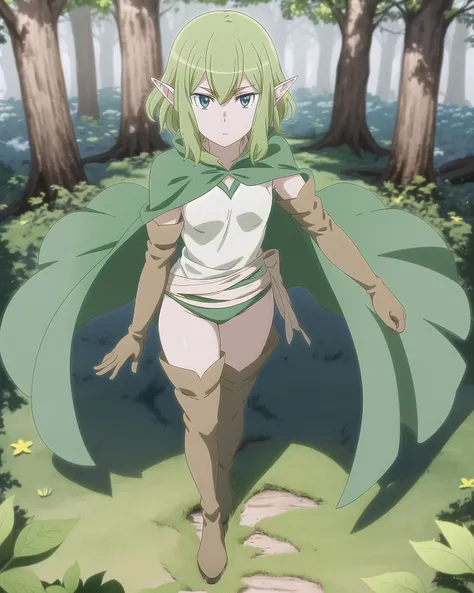 masterpiece,best quality,anime,2d,detailed face,
<lora:Ryuu30:1>
1girl, solo, thigh boots, pointy ears, gloves, boots, green hair, forest, brown footwear,full body, blue eyes, elf, elbow gloves, brown gloves, cape, short hair, green underwear, standing, looking at viewer, green cape, shirt,