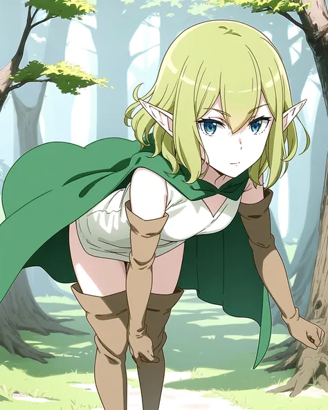 masterpiece,best quality,anime,2d,detailed face,
<lora:Ryuu30:1>
1girl, solo, thigh boots, pointy ears, gloves, boots, green hair, forest, brown footwear,full body, blue eyes, elf, elbow gloves, brown gloves, cape, short hair, green underwear, standing, looking at viewer, green cape, shirt,