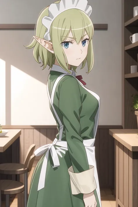 masterpiece,best quality,anime,2d,detailed face, <lora:Ryuu30:1> 1girl, solo, pointy ears, blue eyes,green hair, looking at viewer, apron, short hair, maid headdress, holding, dress, green dress, standing, from side, maid, long sleeves, indoors, white apron, elf,medium breasts,
(anime screencap:0.6), <lora:danmachiRyuu_v10:1>