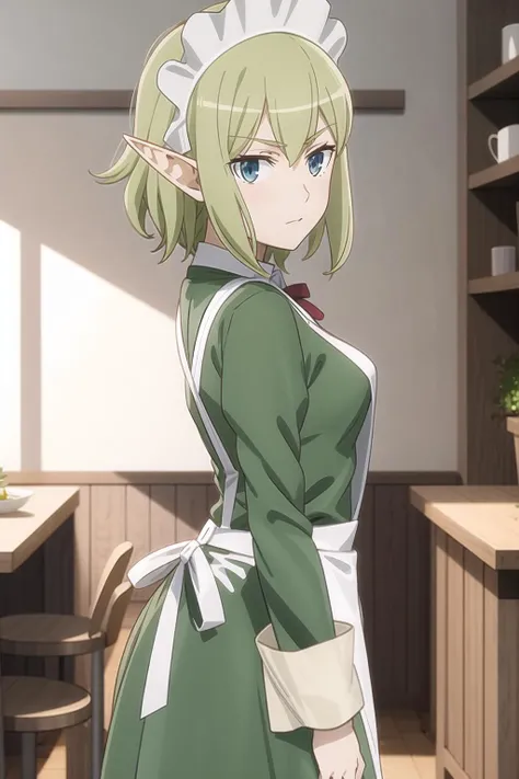 masterpiece,best quality,anime,2d,detailed face, <lora:Ryuu30:1> 1girl, solo, pointy ears, blue eyes,green hair, looking at viewer, apron, short hair, maid headdress, holding, dress, green dress, standing, from side, maid, long sleeves, indoors, white apron, elf,medium breasts,
(anime screencap:0.6), <lora:danmachiRyuu_v10:1>
