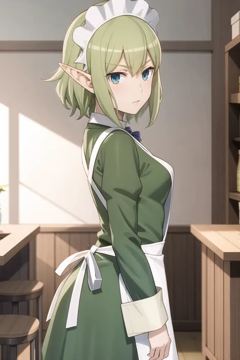 masterpiece,best quality,anime,2d,detailed face, <lora:Ryuu30:1> 1girl, solo, pointy ears, blue eyes,green hair, looking at viewer, apron, short hair, maid headdress, holding, dress, green dress, standing, from side, maid, long sleeves, indoors, white apron, elf,medium breasts,
(anime screencap:0.2), <lora:danmachiRyuu_v10:1>