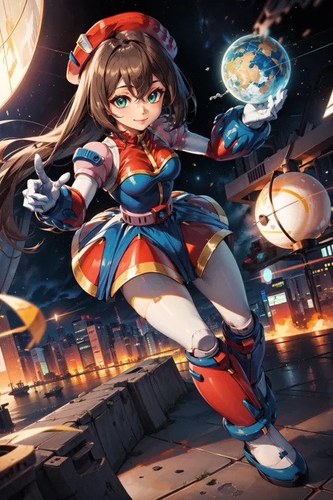 masterpiece,best quality,highres,1girl,iris_megamanx,long hair,brown hair,hat,green eyes,white gloves,beret,smile,dynamic pose,science fiction,<lora:Iris_MegaMan_X_V:0.9>,