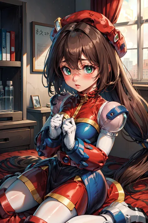 masterpiece,best quality,highres,1girl,iris_megamanx,long hair,brown hair,hat,green eyes,white gloves,beret,shy,blush,wariza,bedroom,science fiction,<lora:Iris_MegaMan_X_V:0.9>,