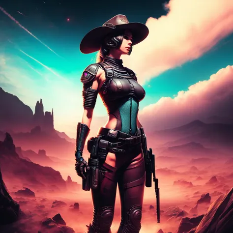an attractive woman [gunslinger:bounty hunter:0.4] standing in a apocalyptic wilderness (glitchwave style:1) <lora:djzGlitchWave_LB2:0.8>