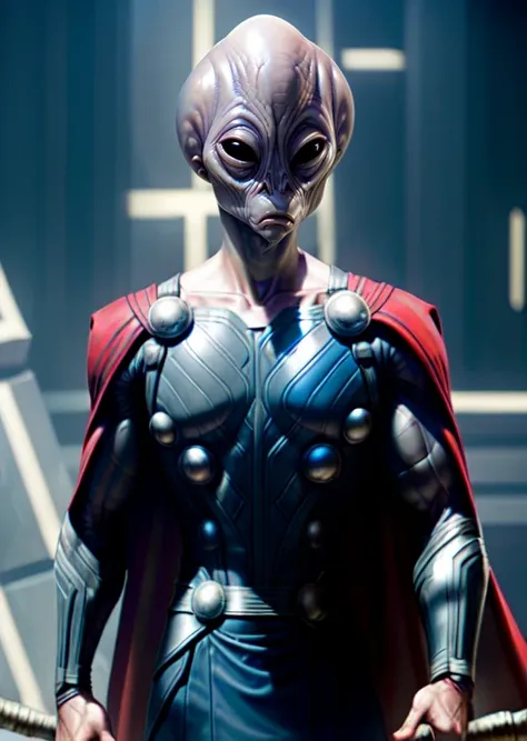 photography of a ((marvel thor)) alien sgasgard <lora:sgasgard_v1:0.9> bald, cape, holding a hammer