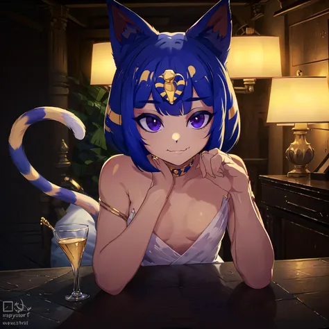 masterpiece, best quality, ultra-detailed, illustration, epic lighting, cinematic composition, <lora:ankhaAnimalCrossing_ankhaV1:0.8>  1girl, catgirl, ankha (animal crossing), cute, (yellow skin:1.1), small breasts, cat tail, cat ears, (short blue hair:1.1), bangs, (purple eyes, glowing eyes:1.1), focus on the eyes, seducing gaze, captivating pose, half-closed eyes, :3, happy, white dress, gold trim, looking at viewer, reaching towards viewer, night, desert, sand, oasis, palm trees, river, pyramid, (8k:1.1)