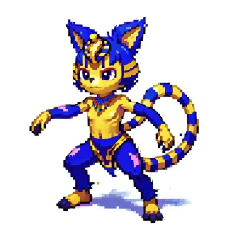 high quality, best quality, (masterpiece:1.05), front sprite, three-quarter view, (front:1.05), (full body:1.05), pixel, pixelart, (front view, standing up, fighting:1.05), (single, solo, alone, individual:1.05), <lora:pksp768_V1:0.5>, shiny, gen4, (Hairy skinkwhacker, peony, pygmy marmoset (finger monkey), <lora:ThunderMagic-22:0.6>, charged aura, thundermagic, okidogi:1.08), 1girl, ankha (animal crossing), short hair, yellow skin, tail, solo, animal ears, <lora:Ankha:0.7>, pearl danio, (rubbery hobsnuggler, grapploct:0.95), (<lora:ConstructionyardAIV3:0.6>, constructionyardai, blitzle:0.6), (white background:1.07)