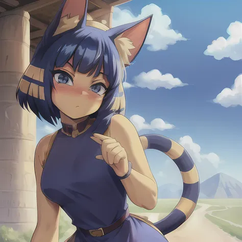 anime,1girl, (masterpiece, best quality),
dress,catgirl,tail, yellow skin, blue hair, short hair,pov,solo,blush,
((cat eyes)),
blue sky, clouds, desert,
<lora:ankhaAnimalCrossing_ankhaV1:0.8>