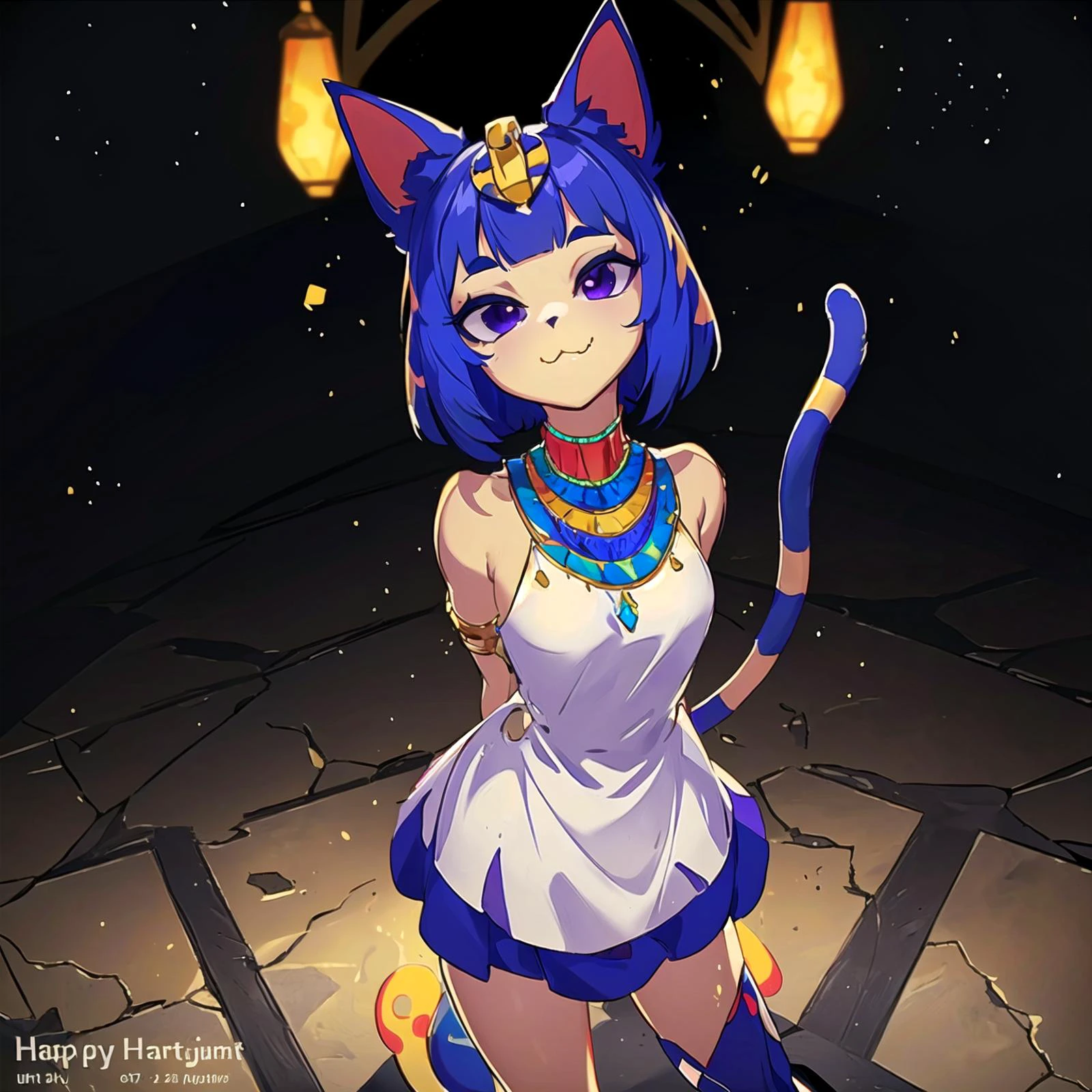 masterpiece, best quality, ultra-detailed, illustration, epic lighting, cinematic composition, isometric, (hexagon:1.2), <lora:ankhaAnimalCrossing_ankhaV1:0.8> 1girl, catgirl, ankha (animal crossing), cute, (yellow skin:1.1), small breasts, cat tail, cat ears, (short blue hair:1.1), bangs, (purple eyes, glowing eyes:1.1), focus on the eyes, seducing gaze, captivating pose, (half-closed eyes:1.1), :3, happy, white dress, gold trim, looking at viewer, looking up, from above, arms behind back, head tilt, Tindal effect, (Balance and coordination between all things), night, desert, sand, oasis, palm trees, river, pyramid, (8k:1.1), <lora:animeTarotCardArtStyleLora_v31:0.5>