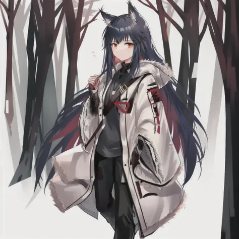 1girl, solo, animal ears, looking at viewer, wolf ears, open clothes, fur trim, animal ear fluff, arknights, fullbody, pants, stays at full size, colorful hair, forest background