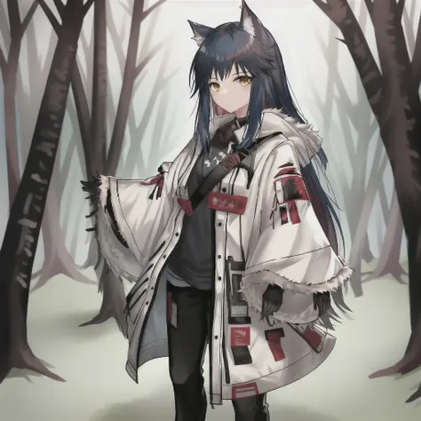 1girl, solo, animal ears, looking at viewer, wolf ears, open clothes, fur trim, animal ear fluff, arknights, fullbody, pants, stays at full size, colorful hair, forest background, grass