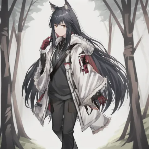 1girl, solo, animal ears, looking at viewer, wolf ears, open clothes, fur trim, animal ear fluff, arknights, fullbody, pants, stays at full size, colorful hair, forest background, grass