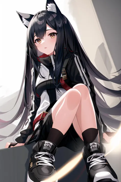 1girl, animal ears, dark hair, medium hair, arknights, intricate details, black shorts, sneakers, street