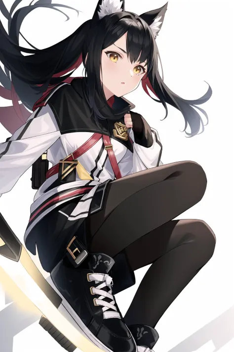 1girl, animal ears, dark hair, medium hair, arknights, intricate details, black shorts, sneakers, street, white jacket, yellow katana, badge