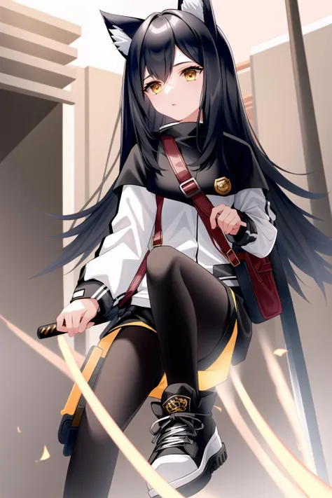 1girl, animal ears, dark hair, medium hair, arknights, intricate details, black shorts, sneakers, street, white top, yellow katana, badge