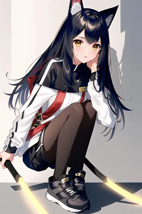 1girl, animal ears, dark hair, medium hair, arknights, intricate details, black shorts, sneakers, street, white jacket, yellow katana, badge