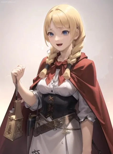 best quality, (masterpiece),(ultra-detailed), (high quality), (high resolution), <lora:espellac-10:0.7>,1girl, :d, animal, belt, blonde hair, braid, breasts, cape, espella cantabella, hair over shoulder, long hair,, solo, tears, twin braids,blue eyes,