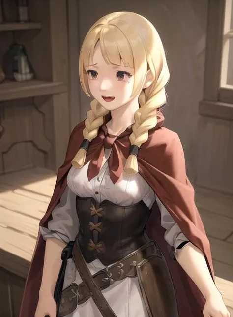 best quality, (masterpiece),(ultra-detailed), (high quality), (high resolution), <lora:espellac-10:0.7>,1girl, :d, animal, belt, blonde hair, braid, breasts, cape, espella cantabella, hair over shoulder, long hair,, solo, tears, twin braids