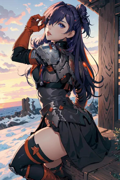 <lora:shez-nvwls-v2:1>, Shez, hair over one eye, choker, armor, cape, black dress, single glove, thighhighs, orange boots, Winter Tundra, Lips Parted, From Behind, Masterpiece, Best Quality, 4K