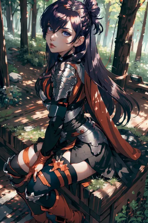 <lora:shez-nvwls-v2:1>, Shez, hair over one eye, choker, armor, cape, black dress, single glove, thighhighs, orange boots, Forest, Lips Parted, From Behind, Masterpiece, Best Quality, 4K