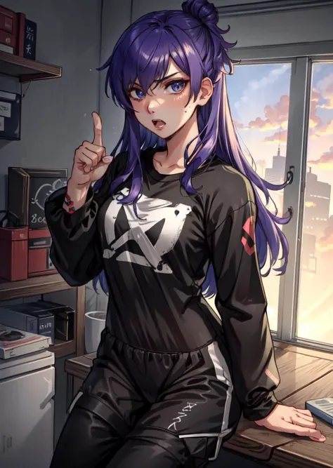 masterpiece, ultra high quality cg, best quality, shez, long-sleeved black t-shirt, black sweatpants, punk aesthetic, middle finger, looking at viewer <lora:shez-nvwls-v2-000012:0.8>