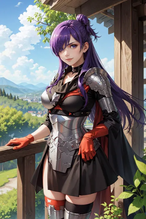 masterpiece, best quality, shez, hair over one eye, choker, armor, cape, black dress, single glove, thighhighs, standing, upper body, large breasts, furrowed brow, smile, trees, clouds, sky <lora:shez-nvwls-v2-000012:0.9>