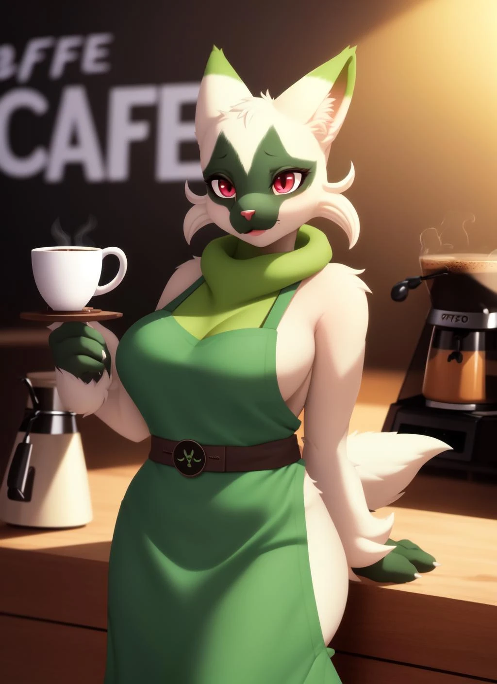floragato, furry female anthro, cat girl, standing, portrait, green apron, white body, tranquil, solo, (body fur:1.2), (best quality), (coffee barista background:1.2), large breasts, dramatic lighting, (detailed fluffy fur:1.1), looking at viewer, (nude apron:1.1), animal hands, tail, <lora:floragato-v1-locon:1>