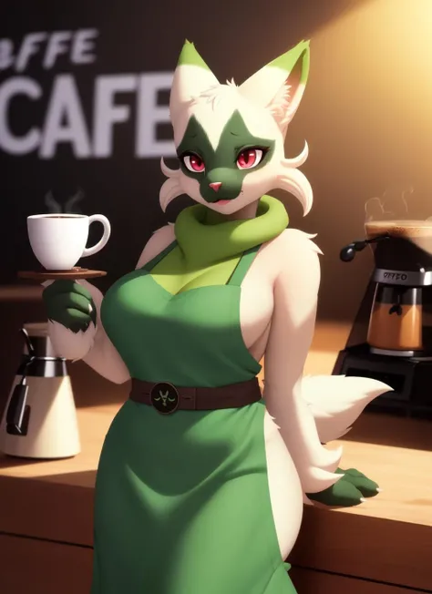 Protogen, females, sexy, apron starbucks, restaurant, realistic fur, cartoon, small waist, wide hips, thick thighs, best quality, buena paleta de colores, hands back, big breats, squatting, collar canino, showing tits, pussy