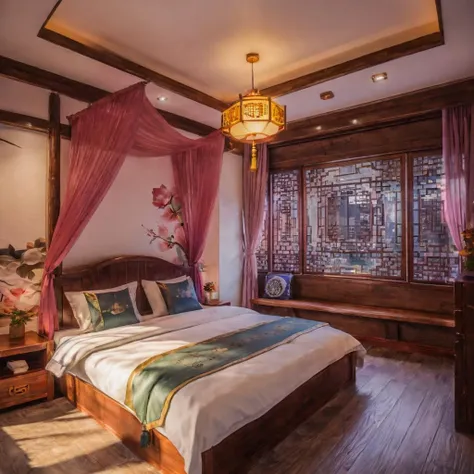 8k,realistic,a beautiful bedroom,window,scenary,flower,shining,shadows,chinese inn,