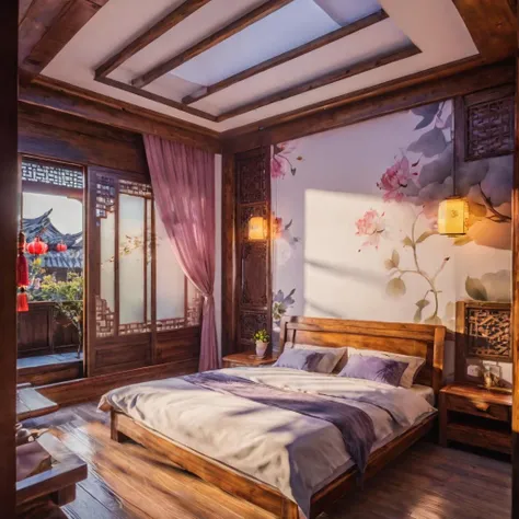 8k,realistic,a beautiful bedroom,window,scenary,flower,shining,shadows,chinese inn,