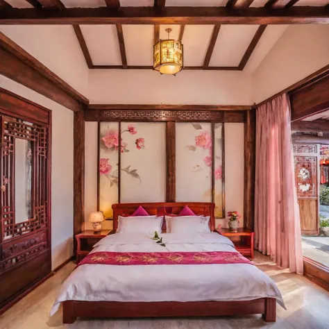 8k,realistic,a beautiful bedroom,window,scenary,flower,shining,shadows,chinese inn,