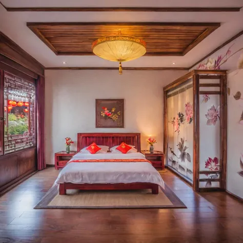 8k,realistic,ultra detailed,a beautiful bedroom,window,scenary,flower,shining,shadows,chinese inn,