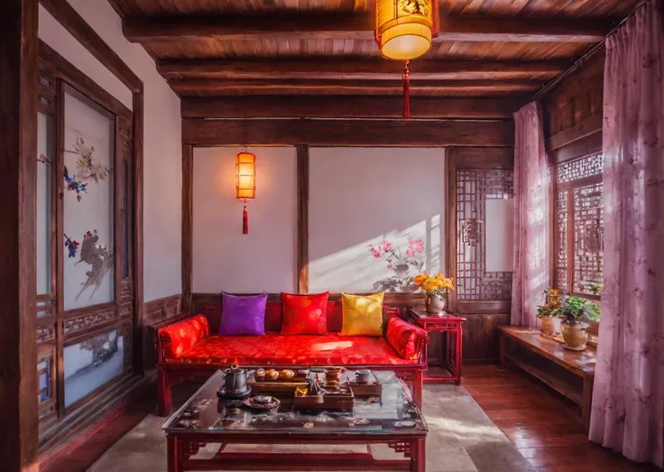 8k,realistic,a beautiful livingroom,window,scenary,flower,shining,shadows,chinese inn,