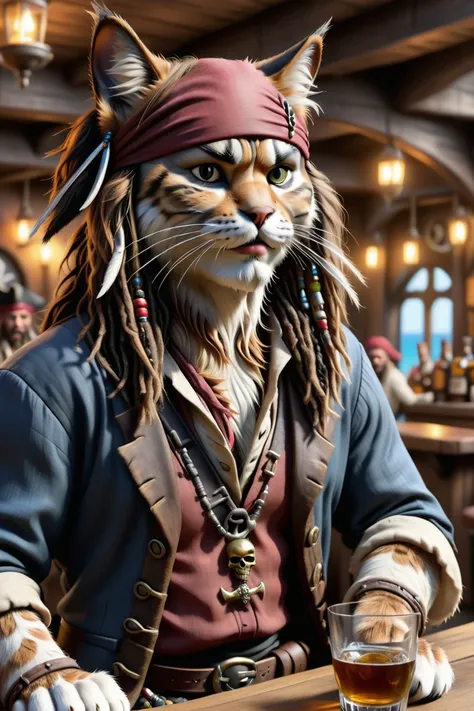 <lora:Realistic_Feline_Hybrids:0.8>, captain Jack Sparrow sitting in a pirate bar drinking a bottle of rum, feline_hybrid, furry, University, 8k, uhd, insane details, (detailed fur:1.2), award-winning photo, misc, <lora:add-detail-xl:0.2>, realistic, bokeh