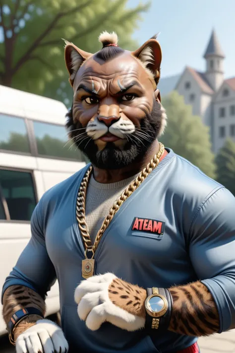 <lora:Realistic_Feline_Hybrids:0.8>, Mr. T posing in front of his a-team van, feline_hybrid, furry, University, 8k, uhd, insane details, (detailed fur:1.2), award-winning photo, misc, <lora:add-detail-xl:0.2>, realistic, bokeh