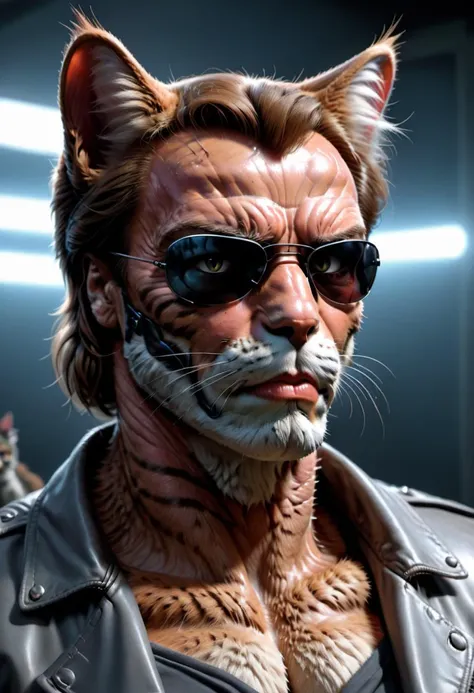Arnold Schwarzenegger as the Terminator, feline_hybrid, furry, cinematic shot, 80s cinema, <lora:Realistic_Feline_Hybrids:0.8>