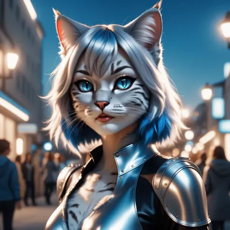 cinematic photo photorealistic catgirl, silver fur with blue fur, standing, <lora:Realistic_Feline_Hybrids:0.5>, in daylight, in a city, bright, (illuminated:1.4) . 35mm photograph, film, bokeh, professional, 4k, highly detailed
