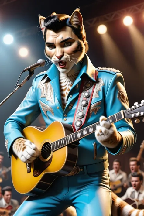 <lora:Realistic_Feline_Hybrids:0.8>, Elvis Presley singing a song while playing guitar on stage, feline_hybrid, furry, University, 8k, uhd, insane details, (detailed fur:1.2), award-winning photo, misc, <lora:add-detail-xl:0.2>, realistic, bokeh