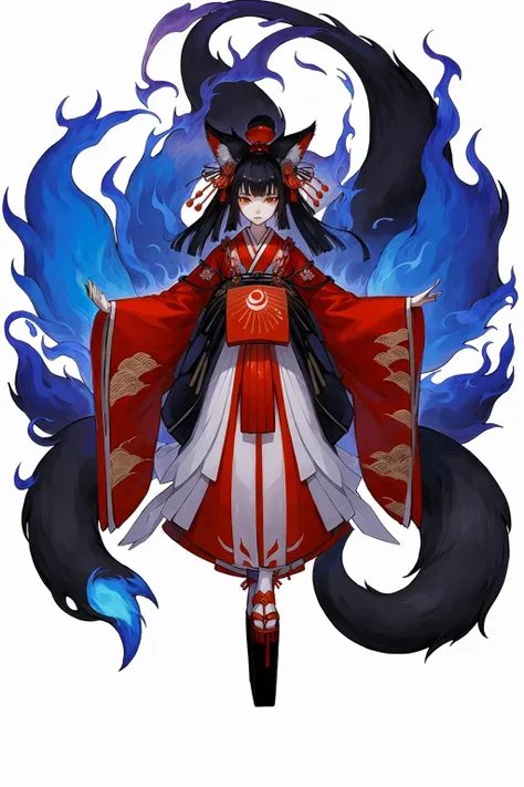 Concept art, Japanese two-dimensional style, game character design, tail, 1girl, solo, animal ears, multiple tails, fox tail, white background, simple background, fox ears, fire, japanese clothes, full body, hair ornament, platform footwear, geta, kimono, hand fan, wide sleeves, sleeves past wrists, looking at viewer, long sleeves, tassel, kitsune, bell, red kimono, folding fan, makeup, hat, black hair