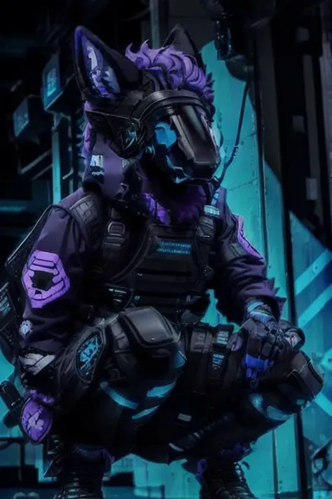 protogen, (protogen face:1.1), (protogen visor:1.1) .<lora:protogenLora_protogenV2Medium:1>, blue, black, purple, real fur. glosy fur, <lora:urbanSamuraiClothing_urbansamuraiV03:1>, <lora:middleFingerLORA_midfingv1:1>, middle finger, fuck you, mad, techwear jacket, black gloves, tactical vest, with buckle and tape