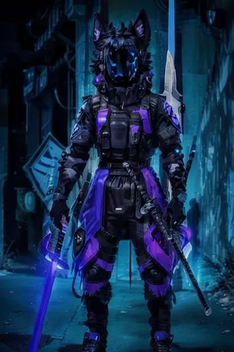 protogen, (protogen face:1.1), (protogen visor:1.1) .<lora:protogenLora_protogenV2Medium:1>, blue, black, purple, real fur, black fur, glosy fur, <lora:urbanSamuraiClothing_urbansamuraiV03:1>, sword, steel sword, mad, techwear jacket, black gloves, tactical vest, with buckle and tape